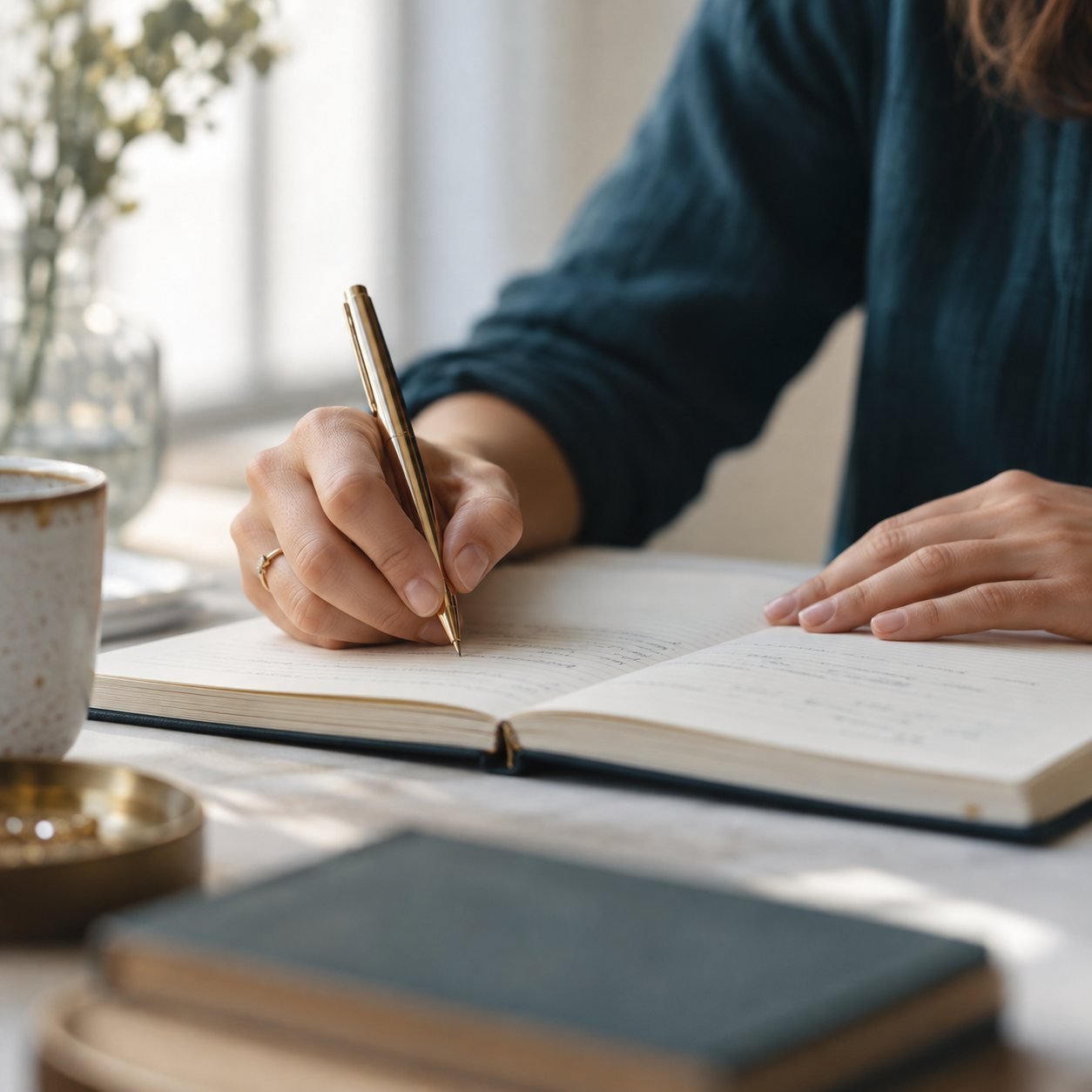 Mãos escrevendo em um caderno com caneta dourada