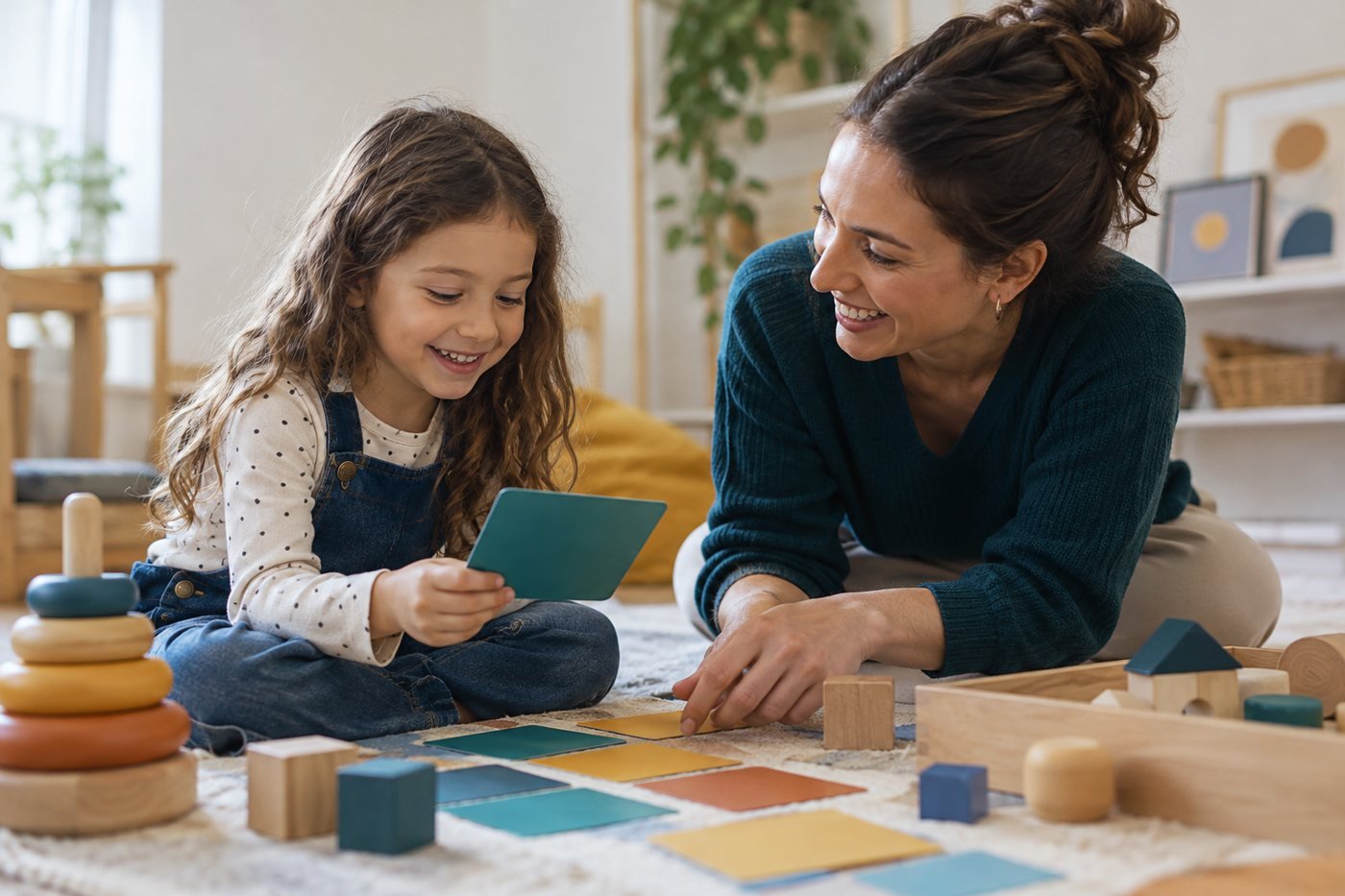 Professora e criança brincando com cartões coloridos no chão
