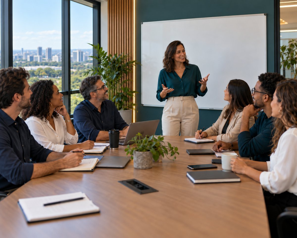 Professora em pé ao lado de um quadro, conversando com uma equipe sentada à mesa de reunião