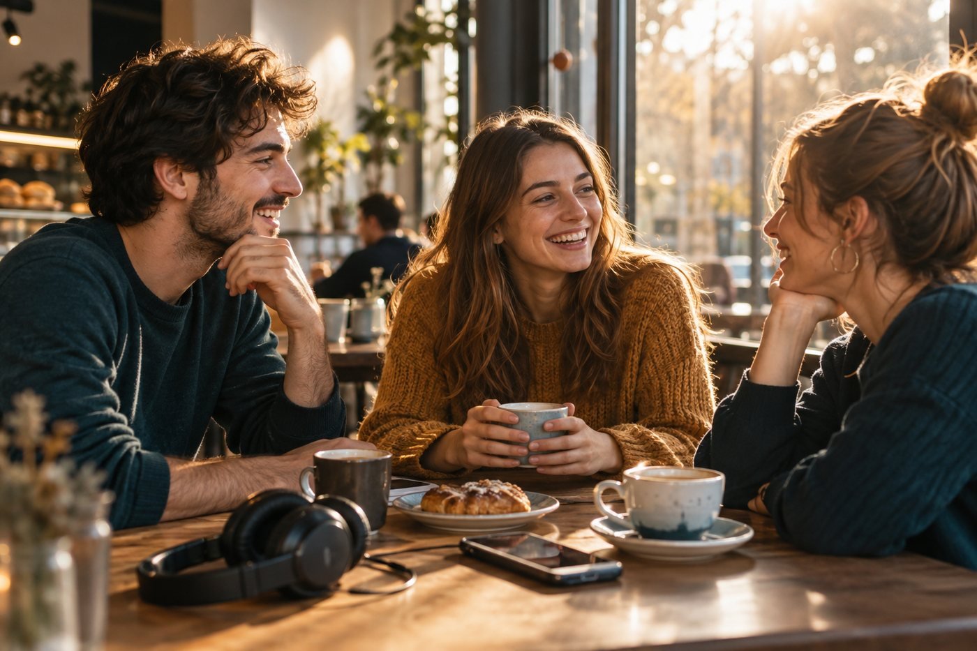 Três jovens rindo e conversando em um café