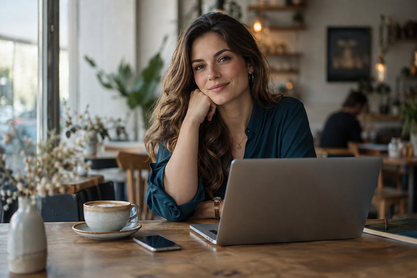 Mulher sorrindo em um café, com notebook e xícara